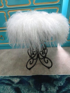 Whimsical Pair Arthur Umanoff Scrolled Wrought Iron Stool Mongolian Lamb