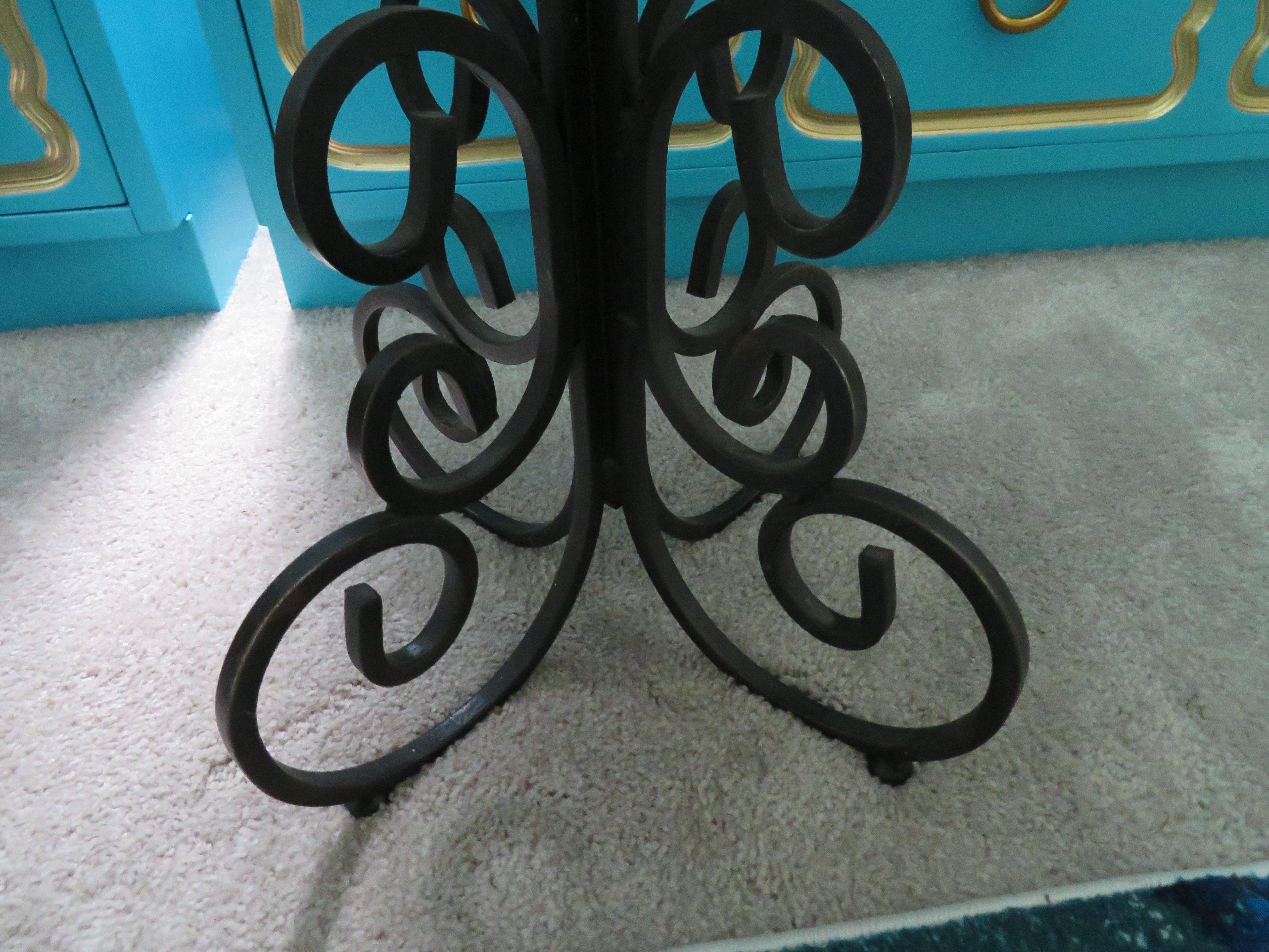 Hollywood Regency Whimsical Pair Arthur Umanoff Scrolled Wrought Iron Stool Mongolian Lamb For Sale