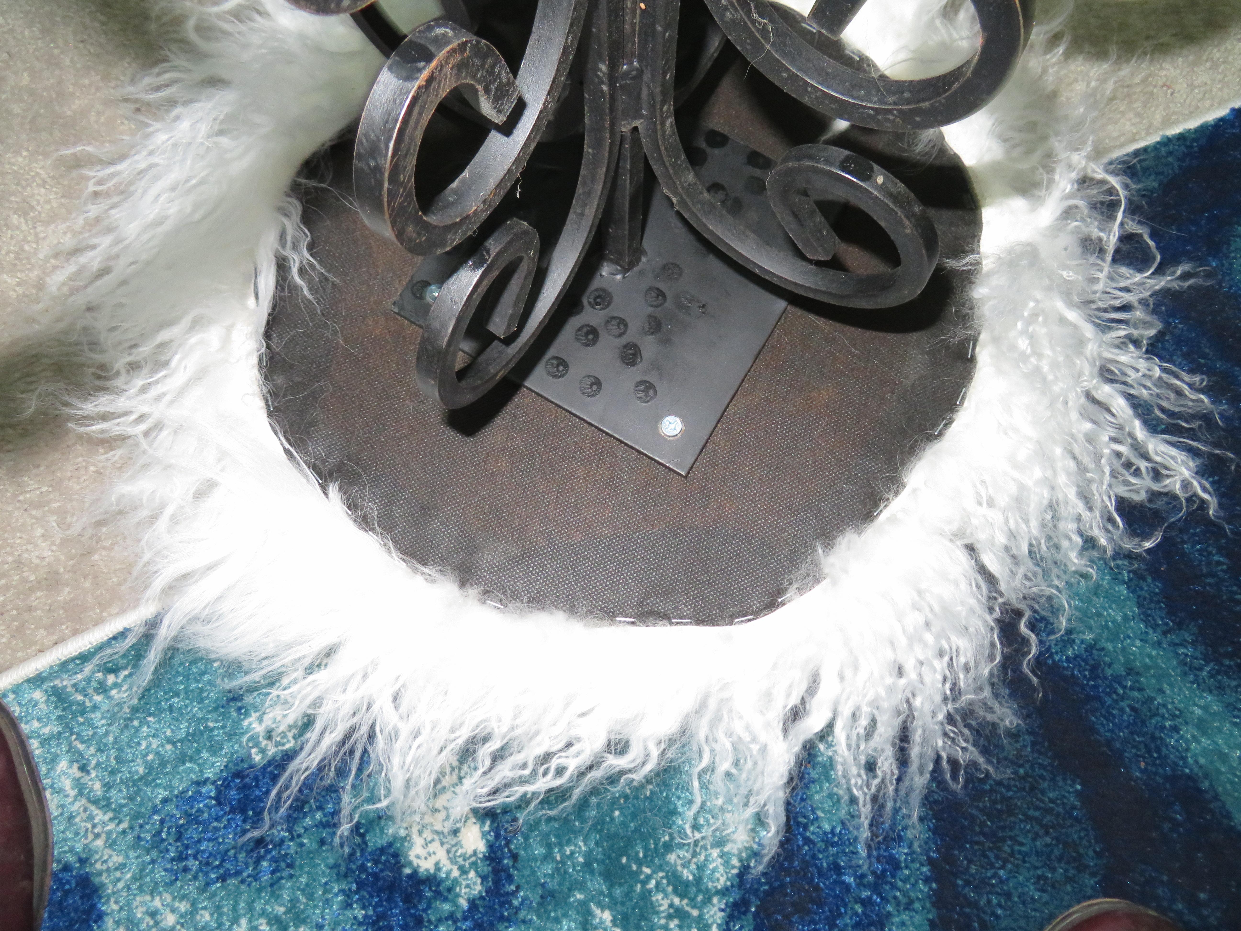 Lambskin Whimsical Pair Arthur Umanoff Scrolled Wrought Iron Stool Mongolian Lamb For Sale