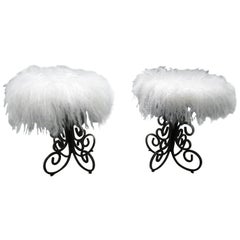 Vintage Whimsical Pair Arthur Umanoff Scrolled Wrought Iron Stool Mongolian Lamb