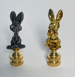 Whimsical Pair Brass Metal Rabbit Figurines Lamp Finials