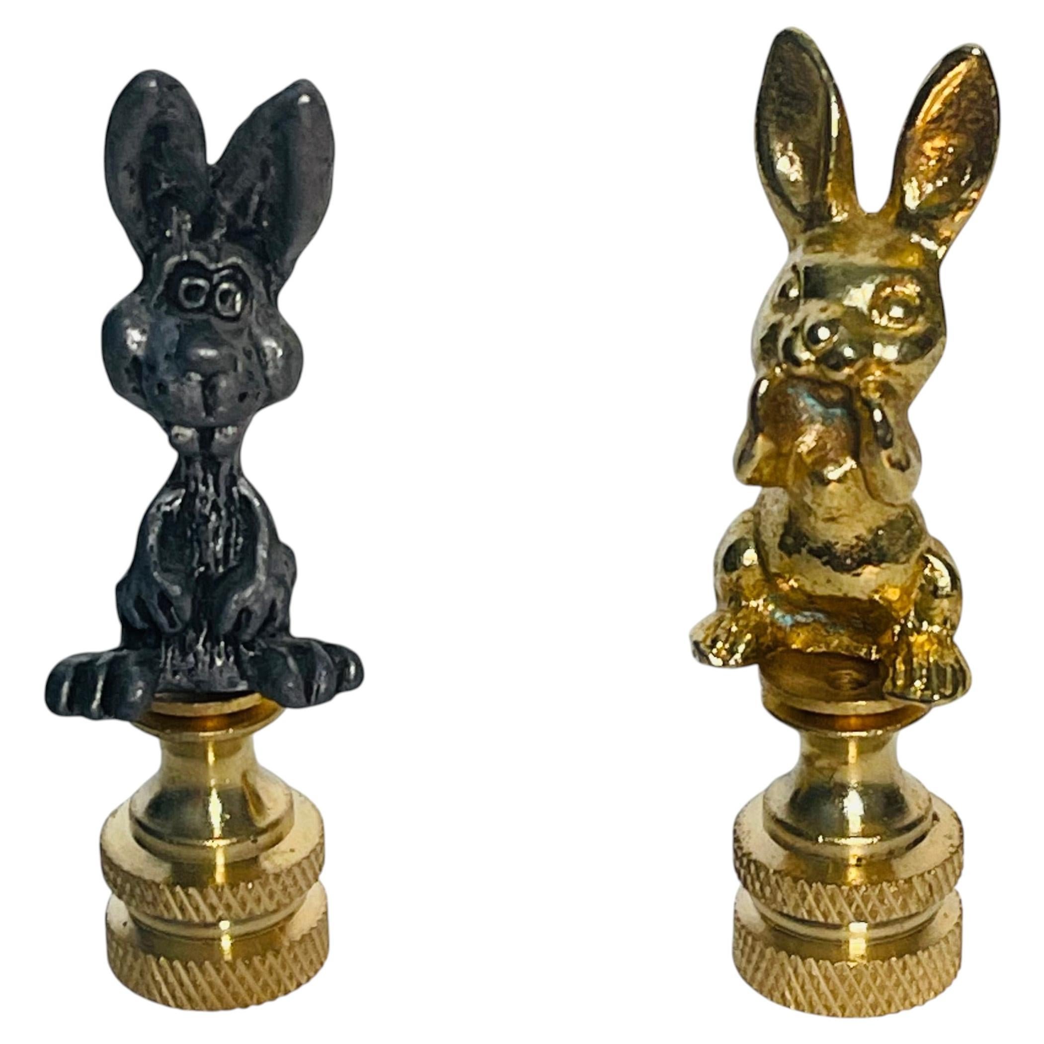 Whimsical Pair Brass Metal Rabbit Figurines Lamp Finials For Sale