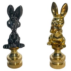 Whimsical Pair Brass Metal Rabbit Figurines Lamp Finials
