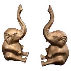 Whimsical Pair of Brass Elephants Bookends 