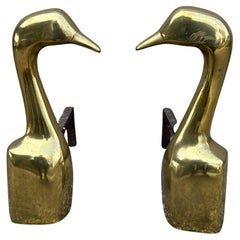 Whimsical Pair of Brass Goose Andirons