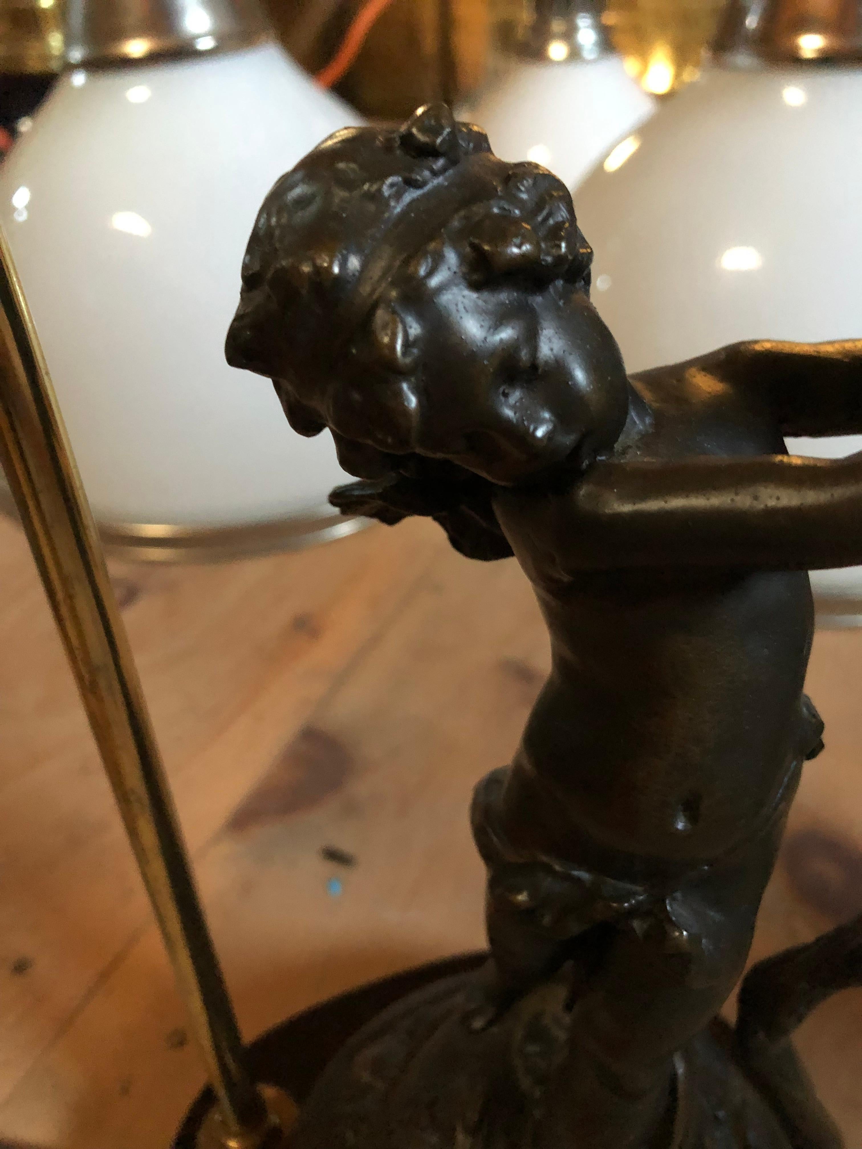 Late 20th Century Whimsical Pair of Bronze Finish Cherub Table Lamps For Sale
