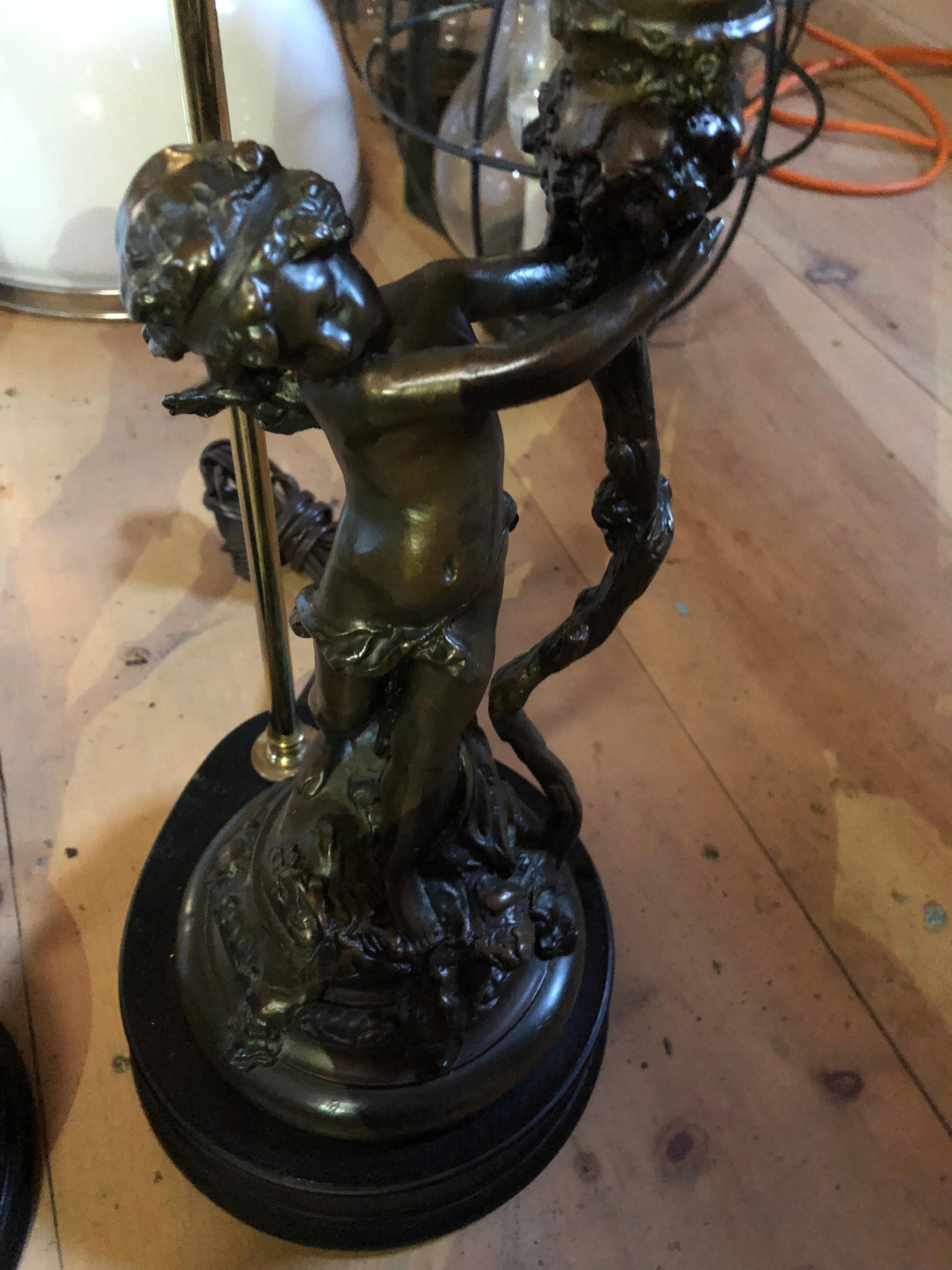 Whimsical Pair of Bronze Finish Cherub Table Lamps For Sale 2