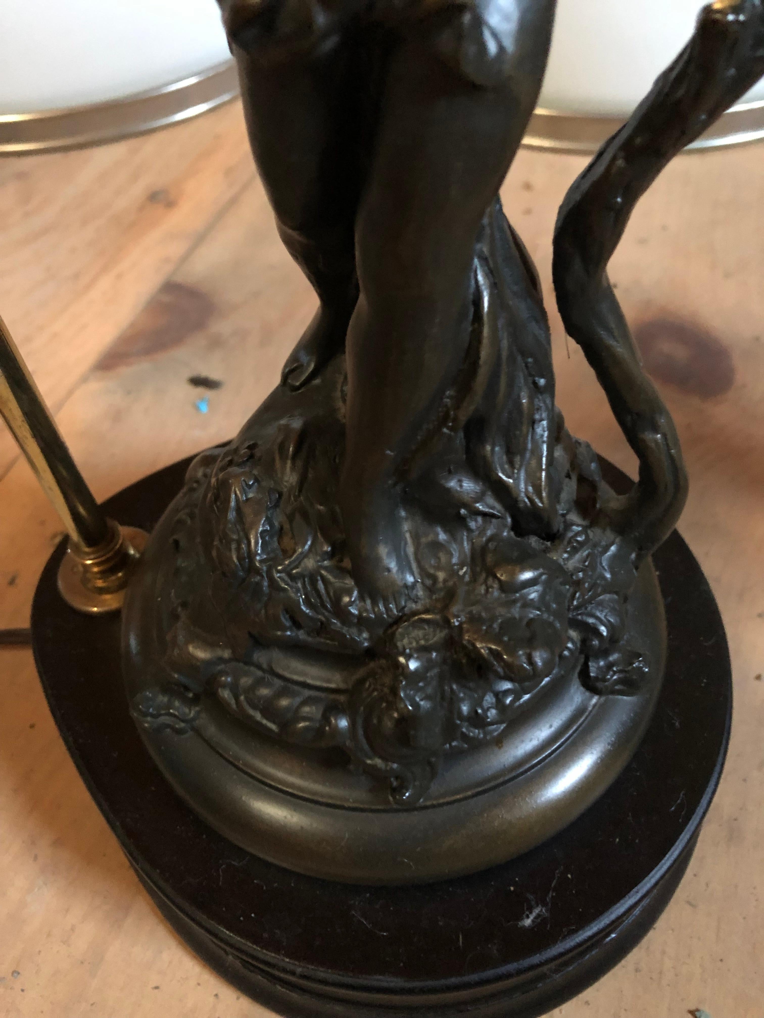 Whimsical Pair of Bronze Finish Cherub Table Lamps For Sale 3