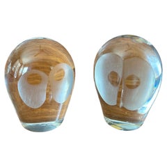 Whimsical Pair of Crystal Owls / Paperweights by Royal Krona of Sweden
