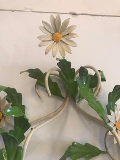 Whimsical Pair of Daisy and Foliage Adorned Iron and Tole Candle Sconces