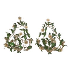 Whimsical Pair of Daisy and Foliage Adorned Iron and Tole Candle Sconces