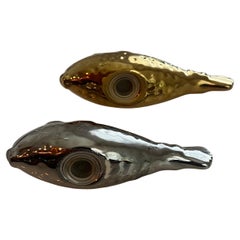 Whimsical Pair of Fish Italian Ceramic salt & Pepper shakers Gold &Silver Finish