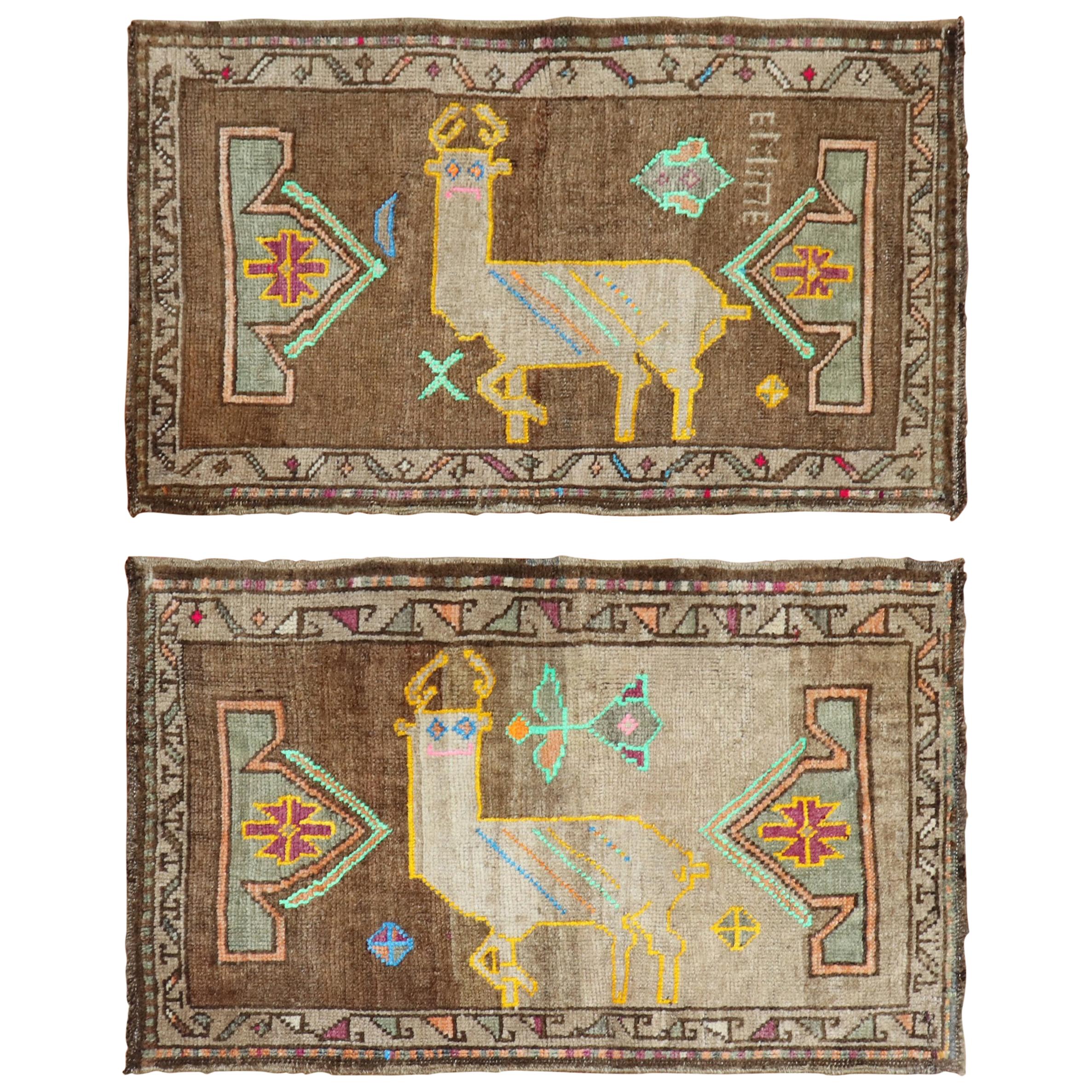 Whimsical Pair of Goat Pictorial Turkish Mats, 20th Century