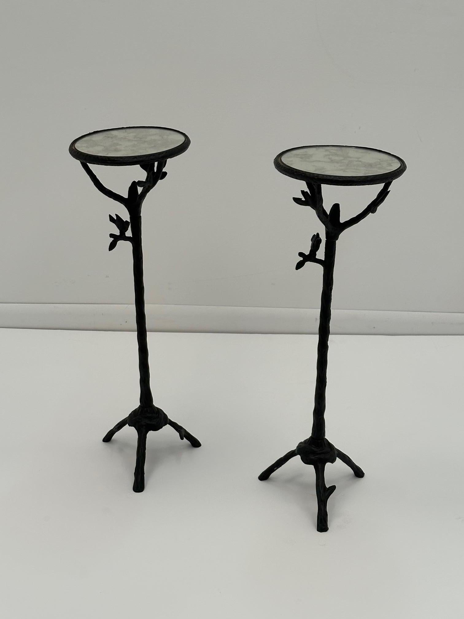 Organic Modern Whimsical Pair of Iron Martini Side Tables with Twig and Bird Motif