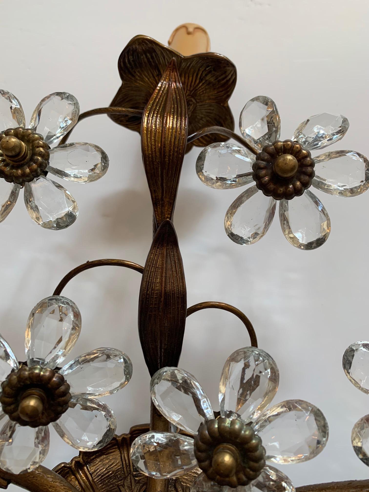 Gilt Whimsical Pair of Italian 3 Arm Sconces Encrusted with Crystal Flowers For Sale