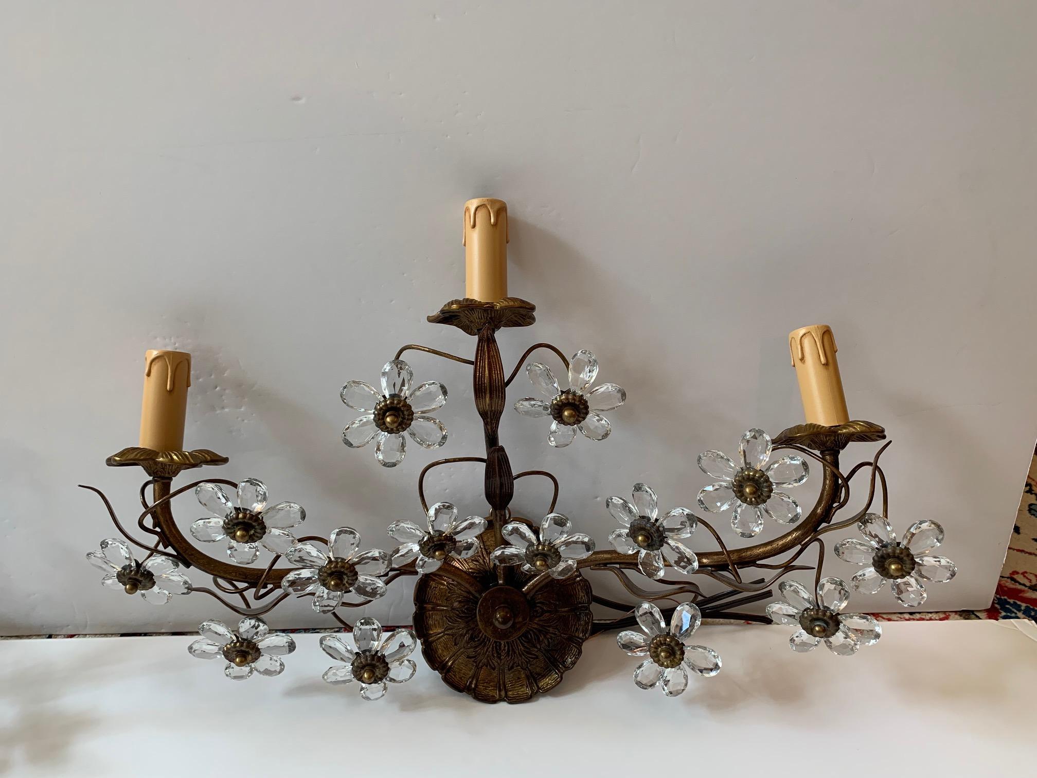 Whimsical Pair of Italian 3 Arm Sconces Encrusted with Crystal Flowers In Good Condition For Sale In Hopewell, NJ