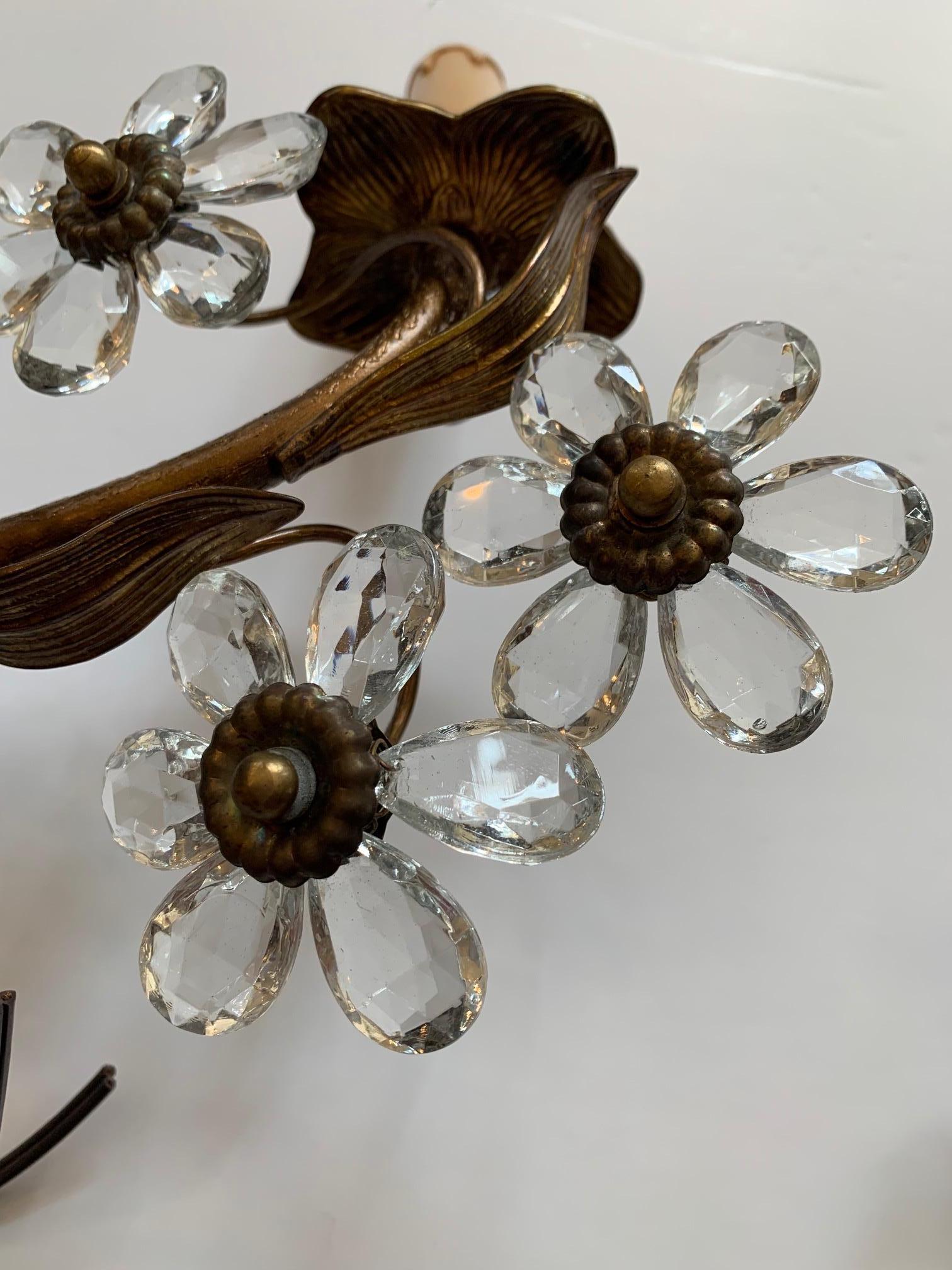 Metal Whimsical Pair of Italian 3 Arm Sconces Encrusted with Crystal Flowers For Sale