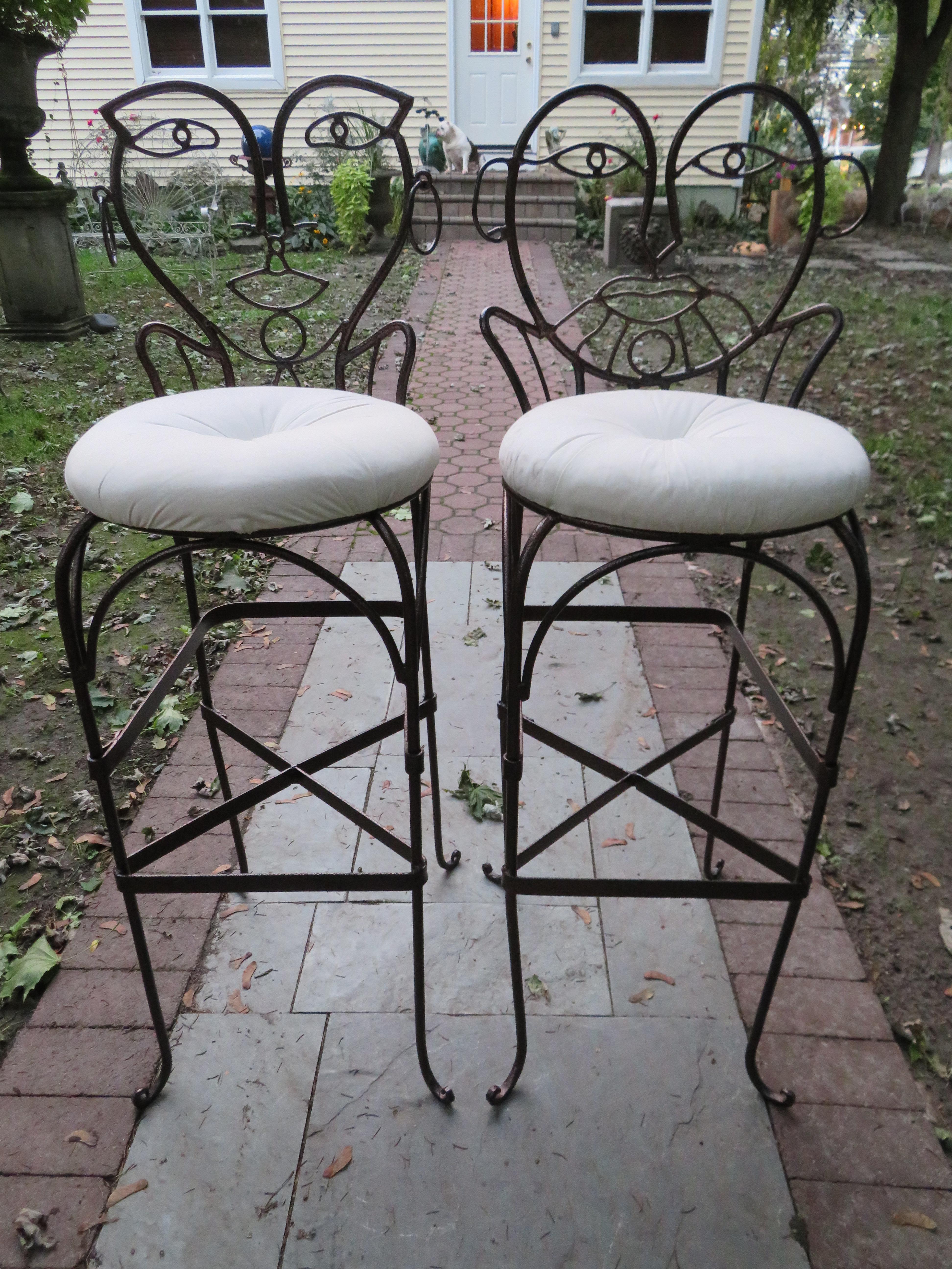 Whimsical Pair of John Risley Style Wrought Iron Bar Stools Mid-Century Modern 6