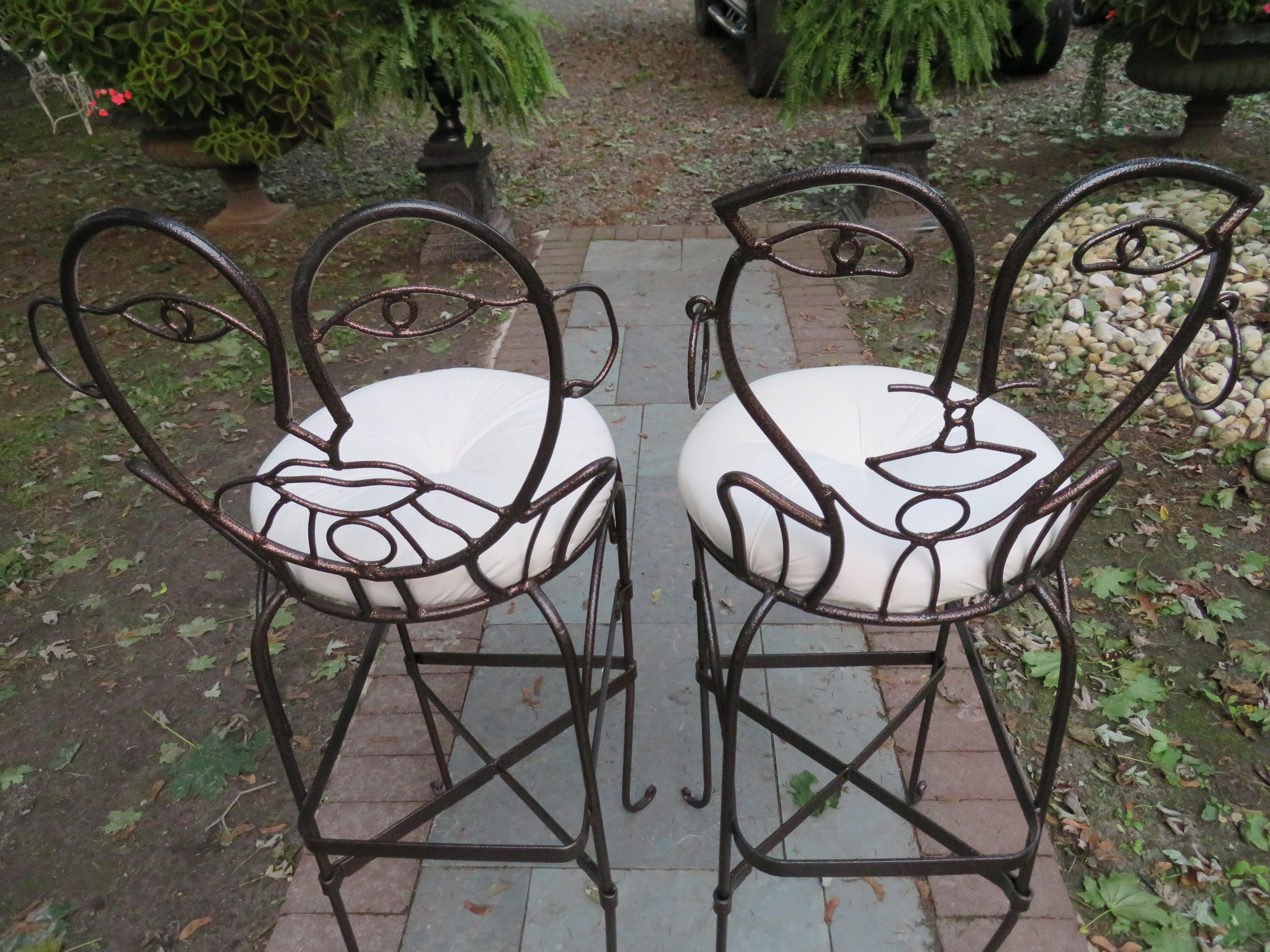 Whimsical Pair of John Risley Style Wrought Iron Bar Stools Mid-Century Modern In Good Condition In Pemberton, NJ