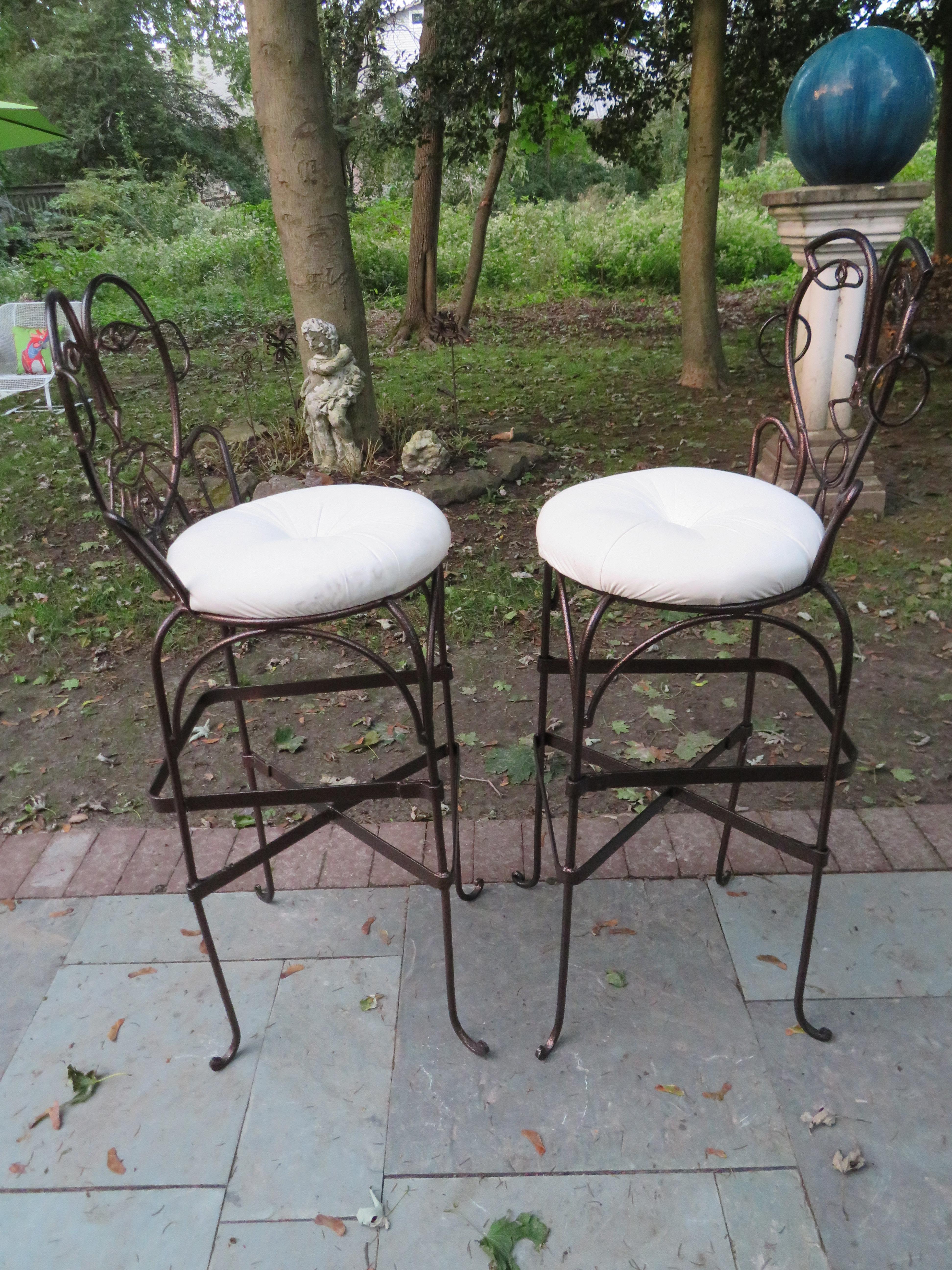 Upholstery Whimsical Pair of John Risley Style Wrought Iron Bar Stools Mid-Century Modern