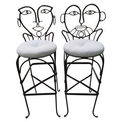 Whimsical Pair of John Risley Style Wrought Iron Bar Stools Mid-Century Modern