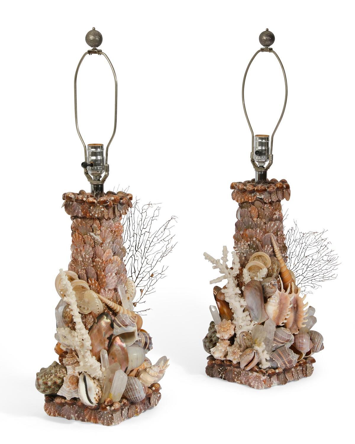 Whimsical Pair Of Marine Themed Coral Shell Seaweed And Rock Crystal Table Lamps For Sale 12