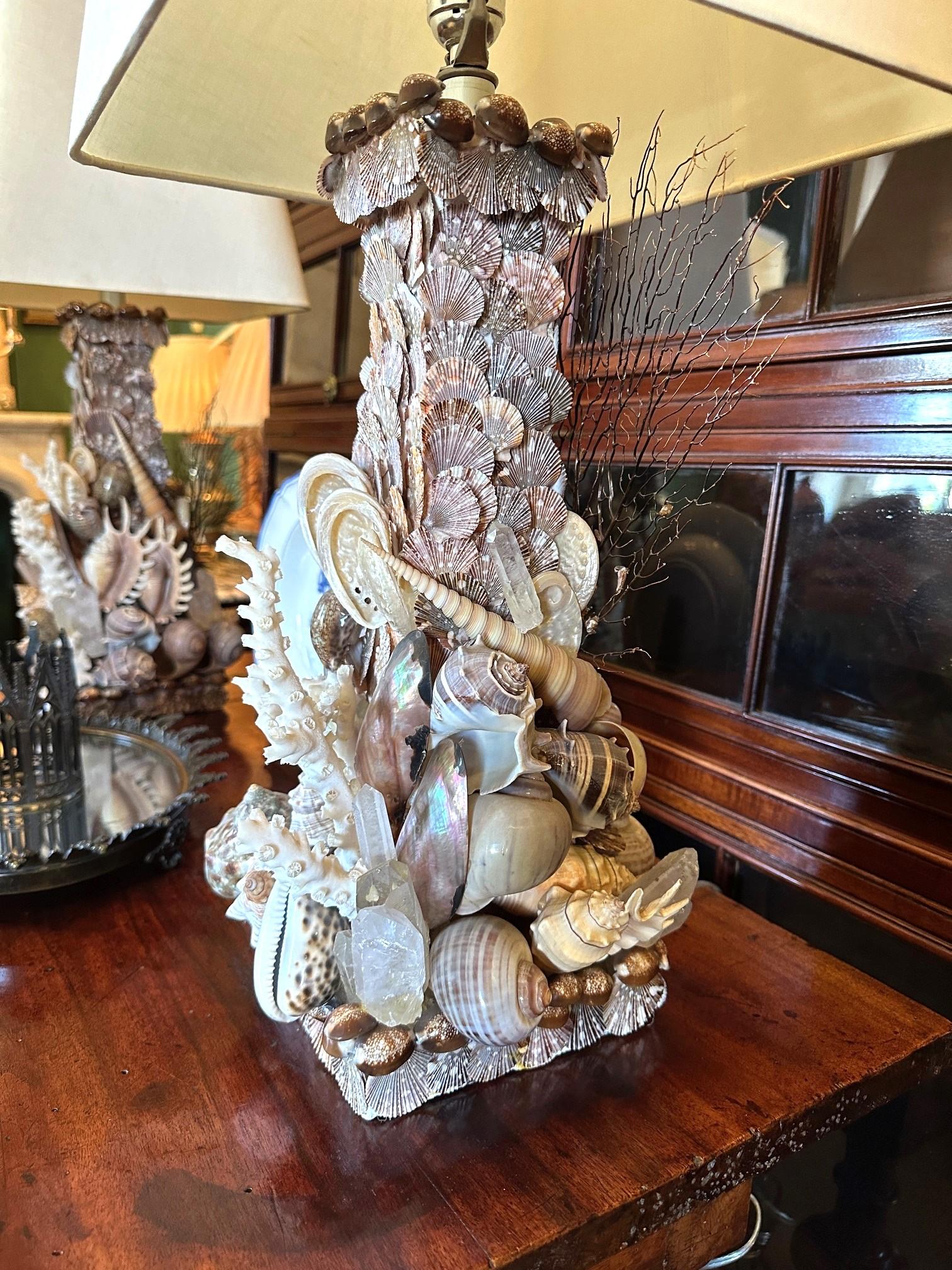 Hand-Crafted Whimsical Pair Of Marine Themed Coral Shell Seaweed And Rock Crystal Table Lamps For Sale
