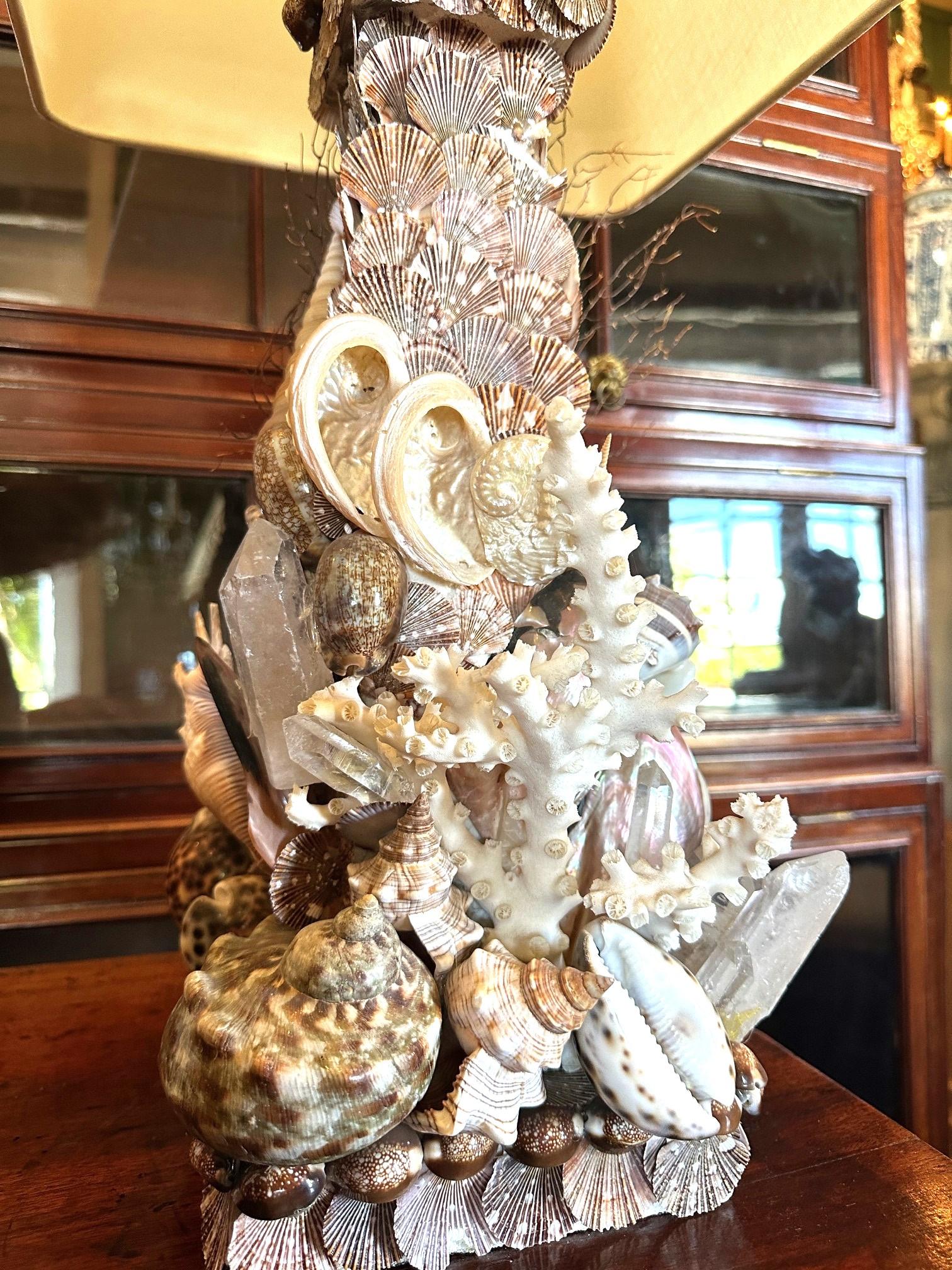 20th Century Whimsical Pair Of Marine Themed Coral Shell Seaweed And Rock Crystal Table Lamps For Sale