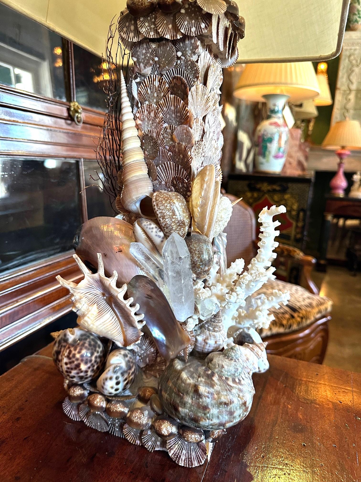 Metal Whimsical Pair Of Marine Themed Coral Shell Seaweed And Rock Crystal Table Lamps For Sale