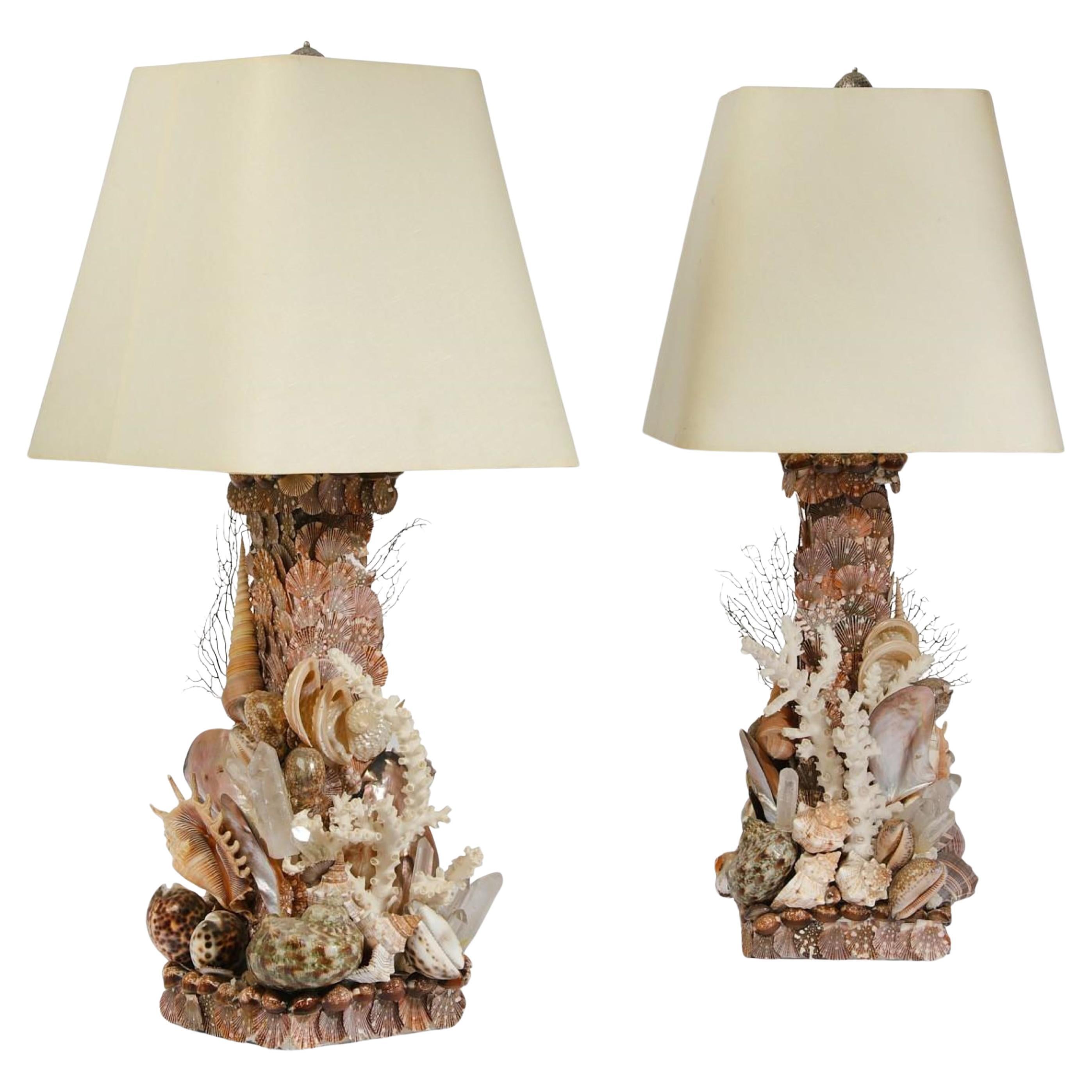 Whimsical Pair Of Marine Themed Coral Shell Seaweed And Rock Crystal Table Lamps For Sale