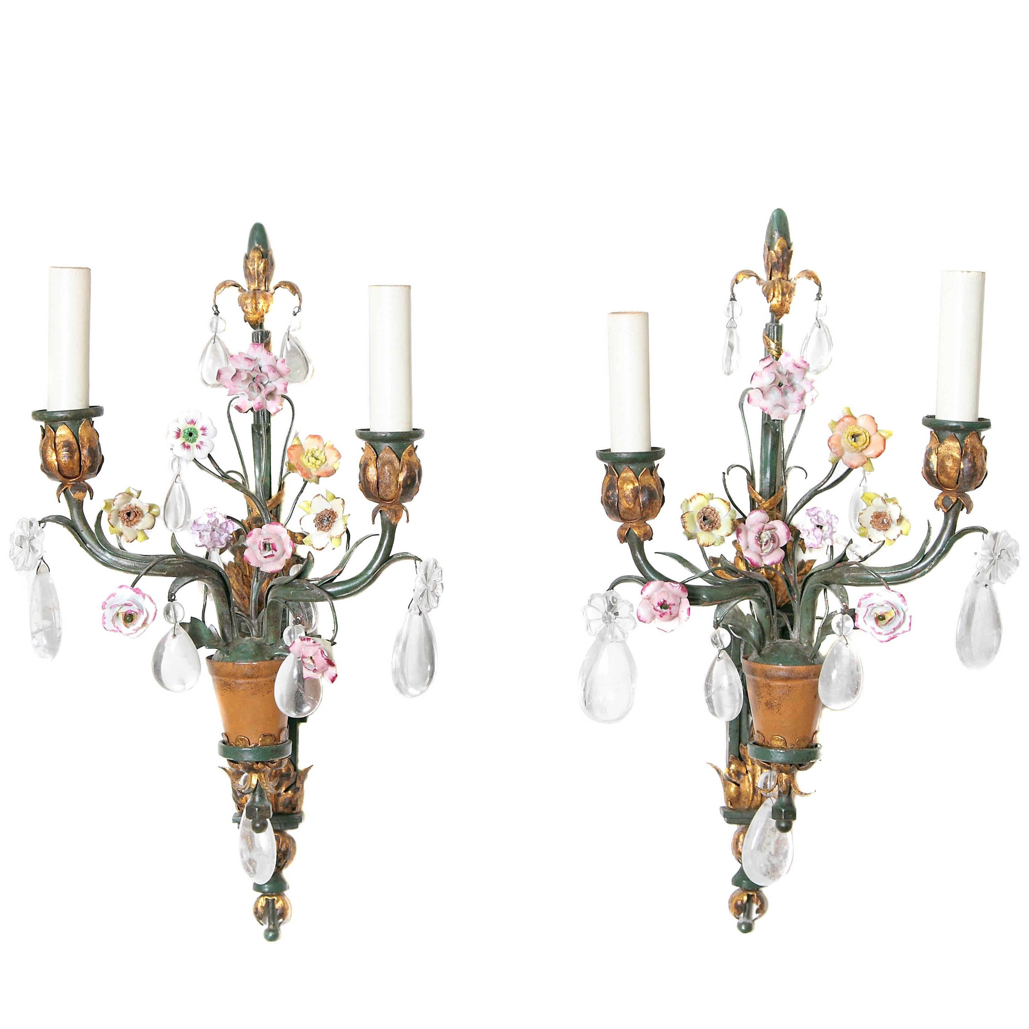 Whimsical Pair of Painted Wrought Iron, Porcelain and Rock Crystal Sconces
