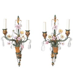 Whimsical Pair of Painted Wrought Iron, Porcelain and Rock Crystal Sconces