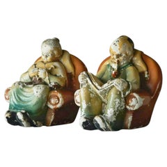 Whimsical Pair of Patinated Ceramic Figural Bookends Europe 1930s