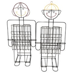 Whimsical Pair of Tall Boy and Girl Wire Metal Magazine Holders Postmodern