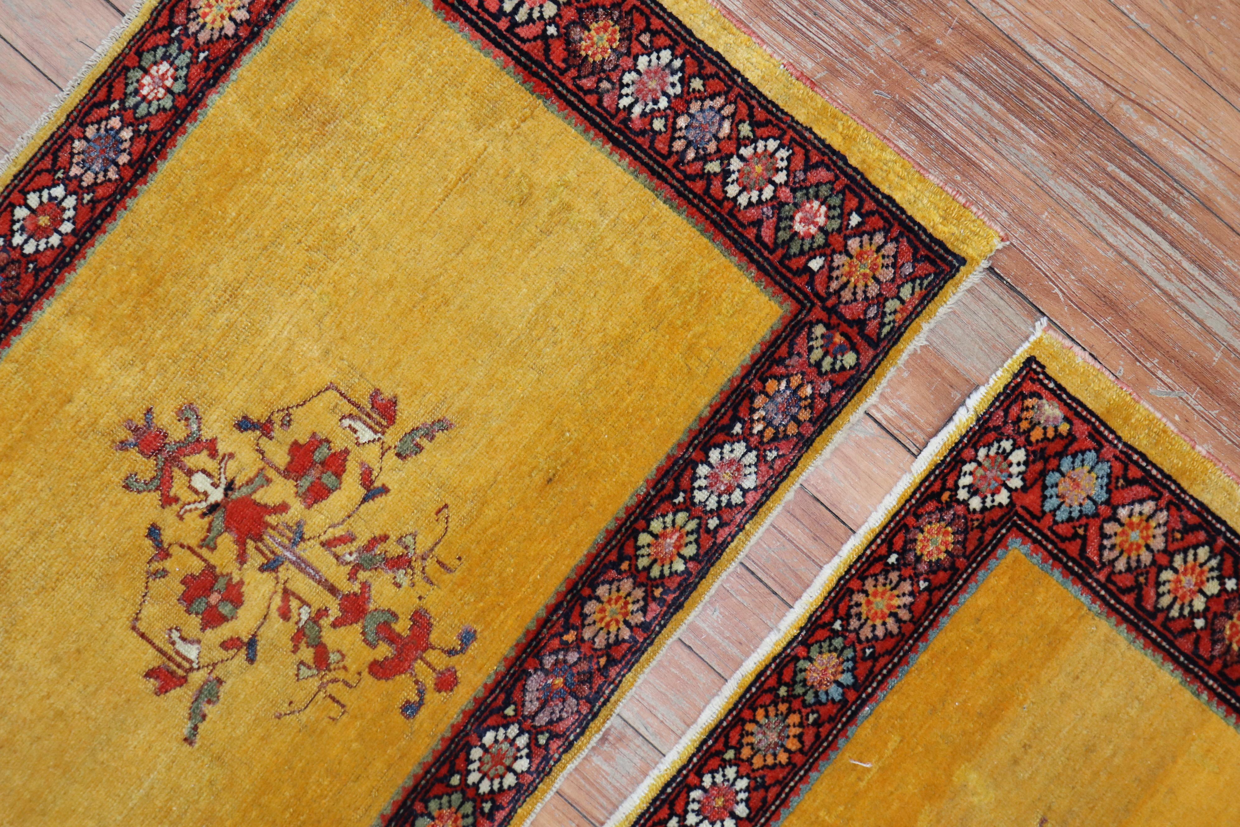 Hand-Woven Whimsical Pair of Yellow Persian Ferehan Mats For Sale