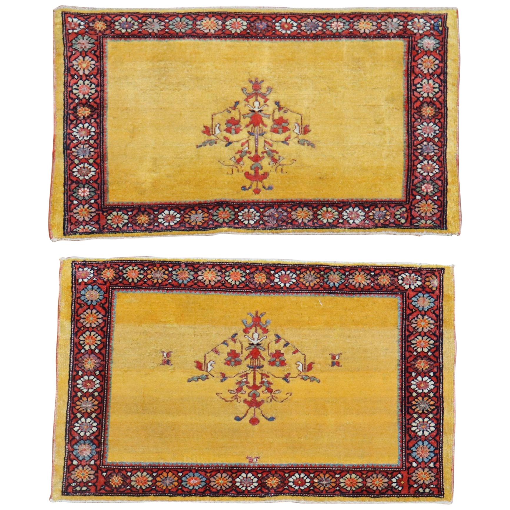 Whimsical Pair of Yellow Persian Ferehan Mats For Sale