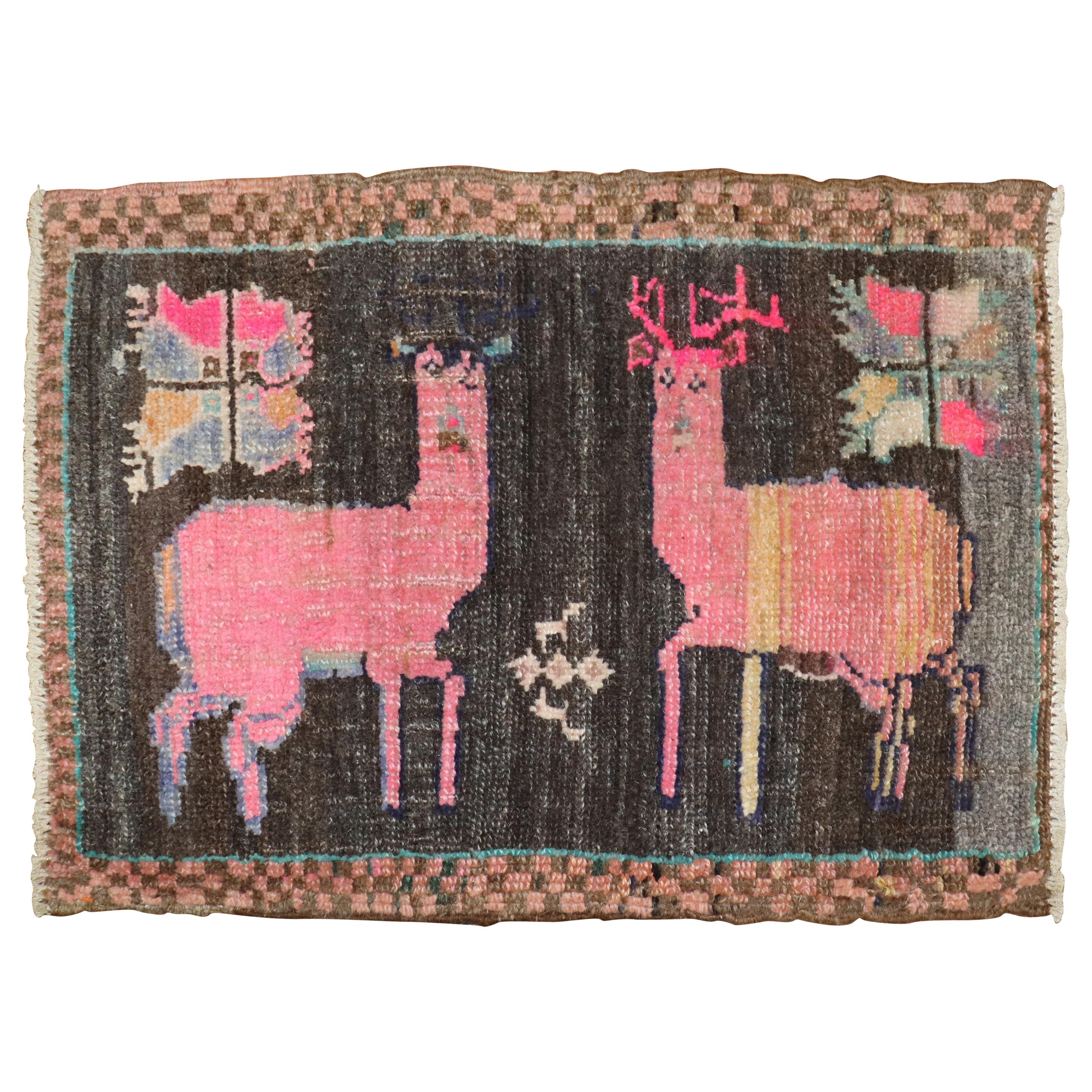 Whimsical Pink Deer Turkish 20th Century Rug