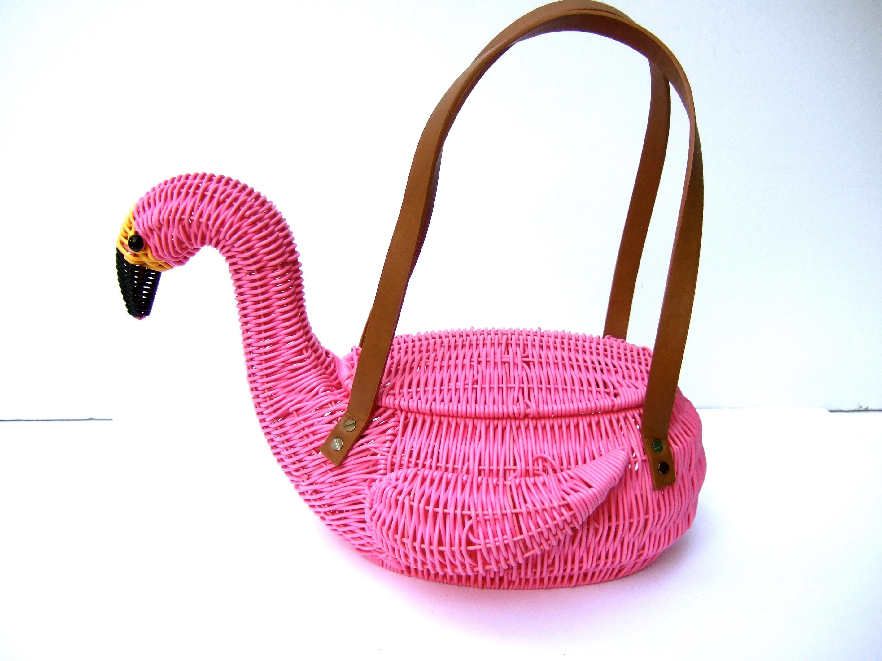 Whimsical Pink Wicker Flamingo Basket Style Handbag 21st c 7