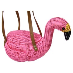Sac à main en osier rose fantaisiste style panier flamingo, 21e siècle
