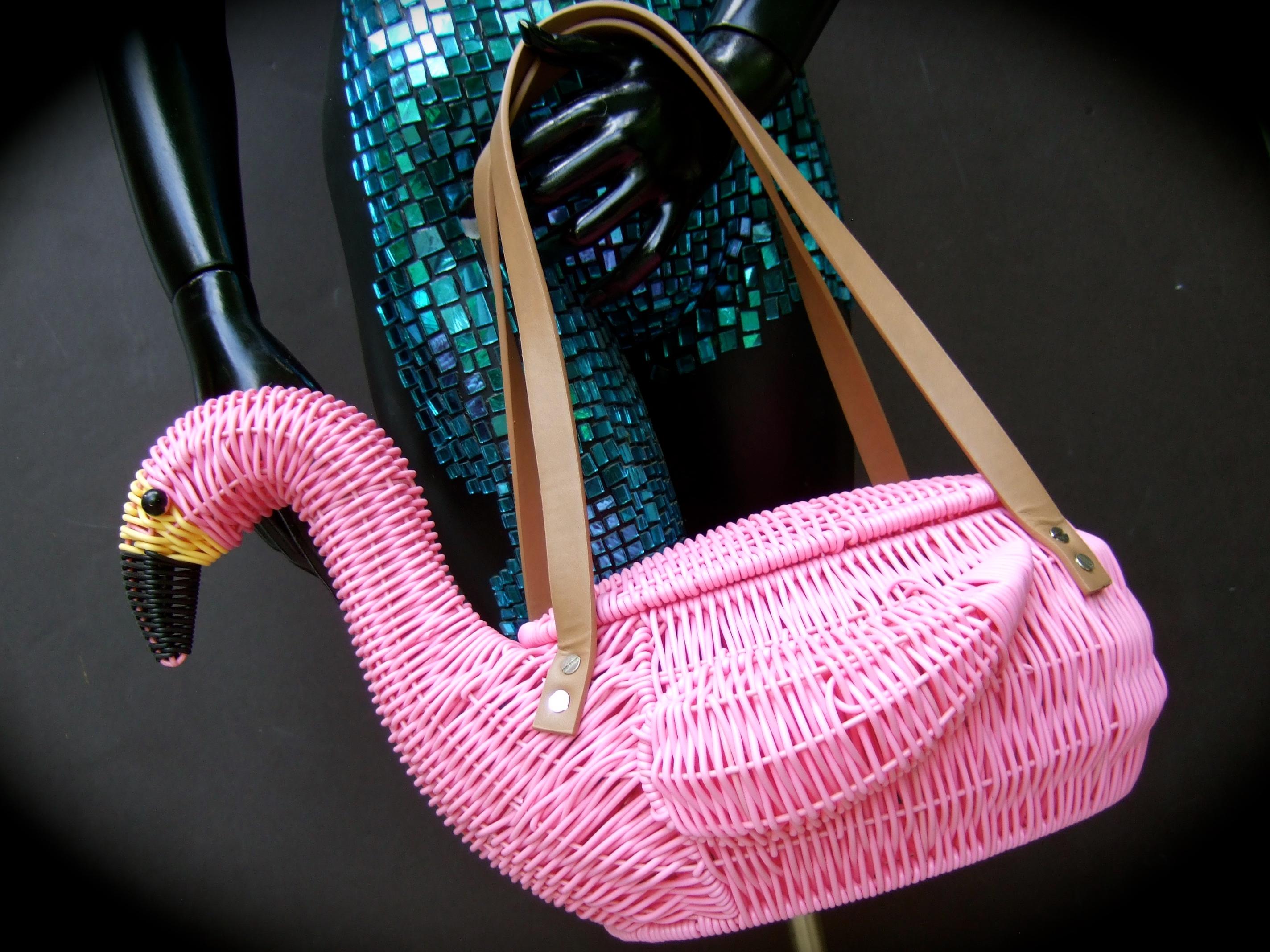 Women's Whimsical Pink Wicker Flamingo Basket Style Handbag 21st c