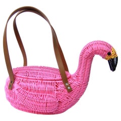 Sac à main en osier rose fantaisiste style panier flamingo, 21e siècle
