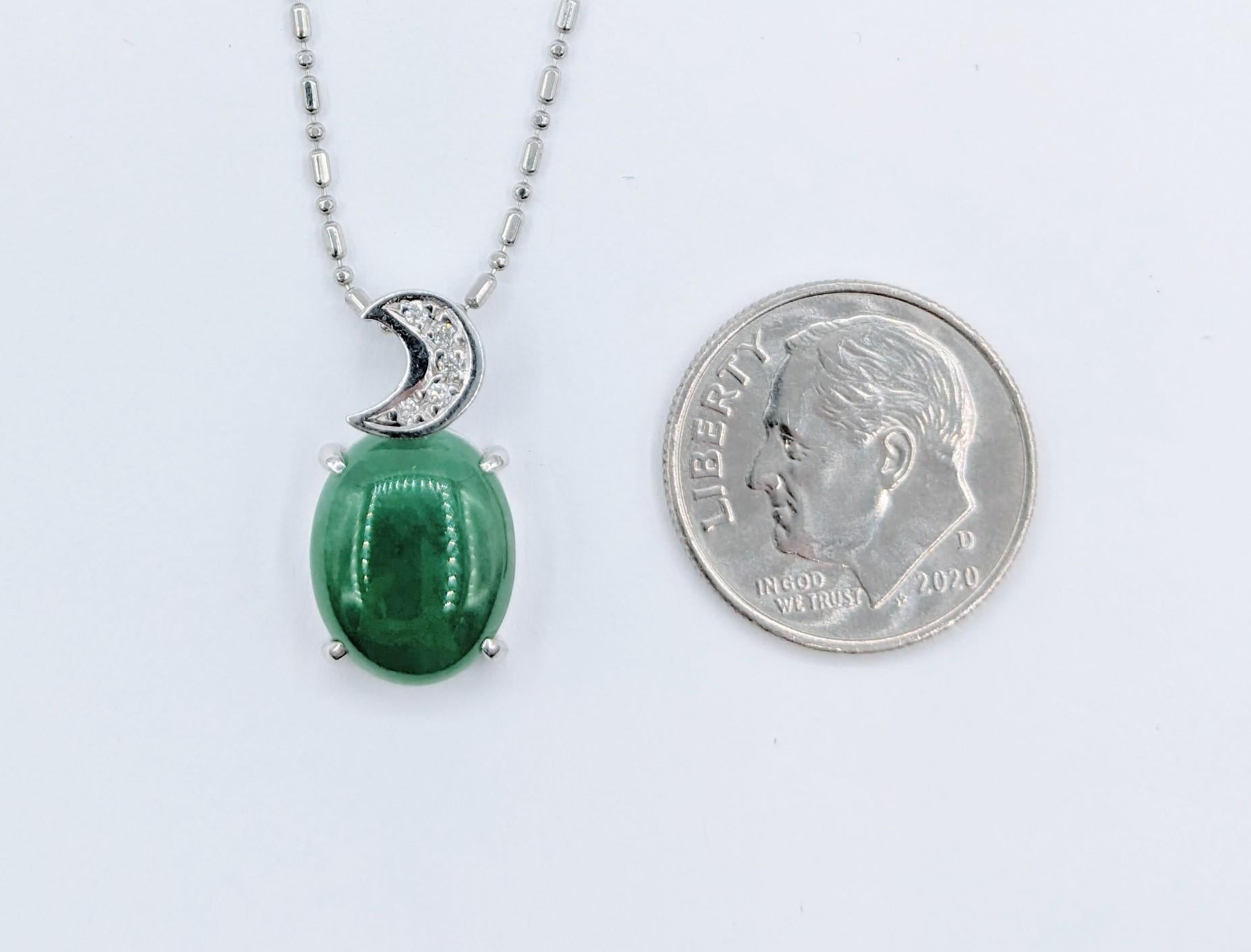 Whimsical Platinum Jade & Diamond Moon Pendant Necklace

Exquisitely forged in 850pt platinum, this pendant is adorned with .04ctw round diamonds that shimmer with an H color and I1 clarity. The pendant's brilliance is further enhanced by a