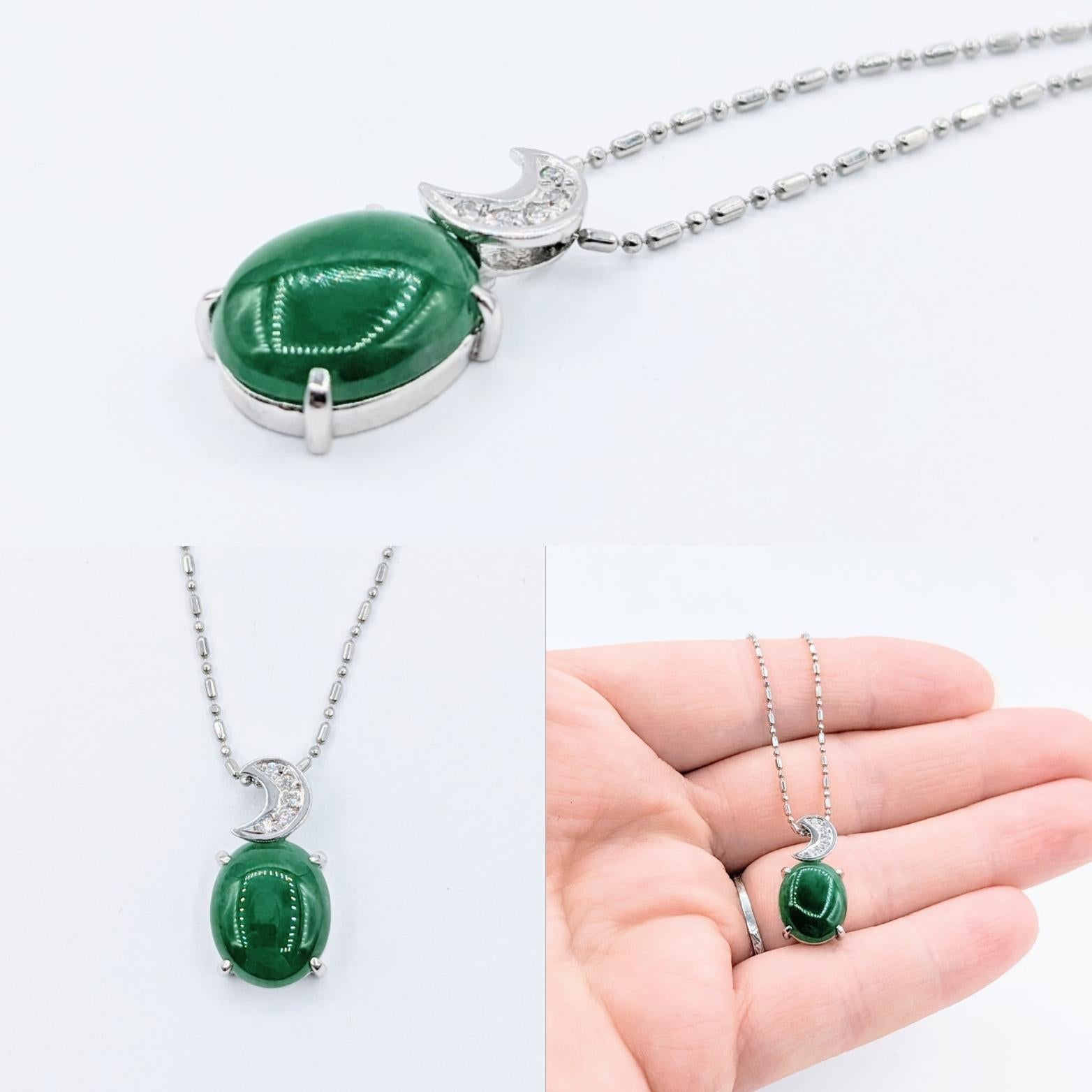 Cabochon Whimsical Platinum Jade & Diamond Moon Pendant Necklace