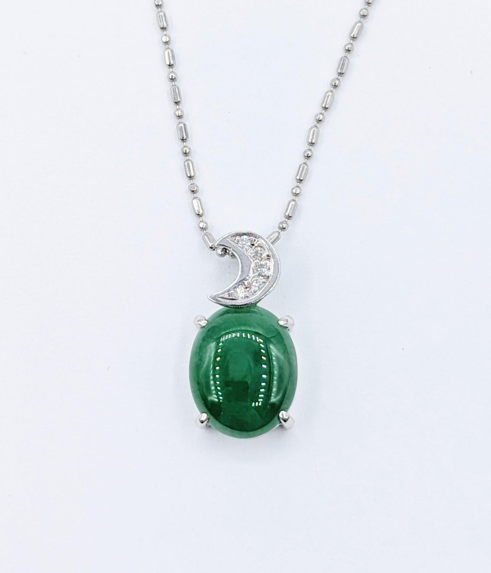 Whimsical Platinum Jade & Diamond Moon Pendant Necklace For Sale 1
