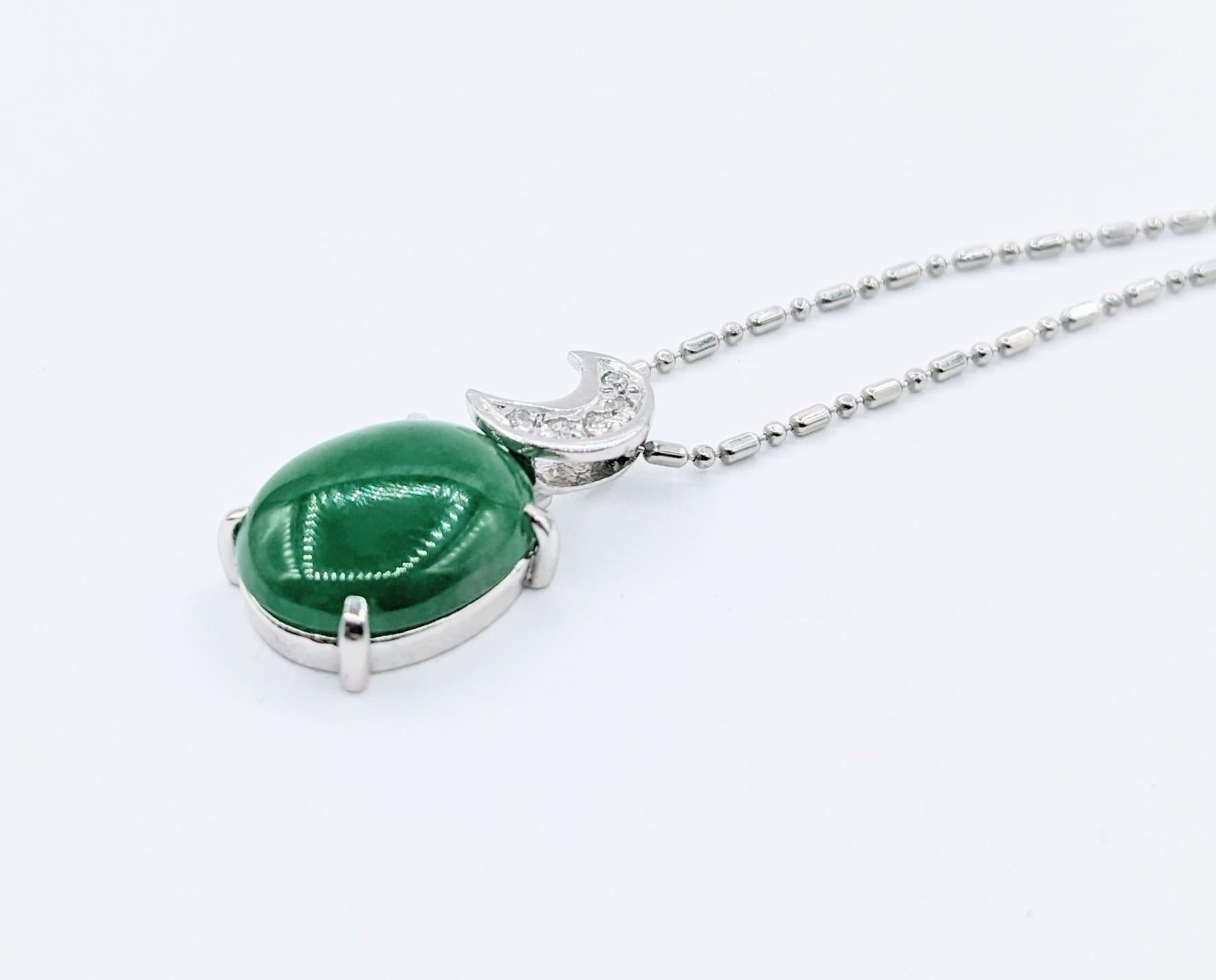 Whimsical Platinum Jade & Diamond Moon Pendant Necklace For Sale 3
