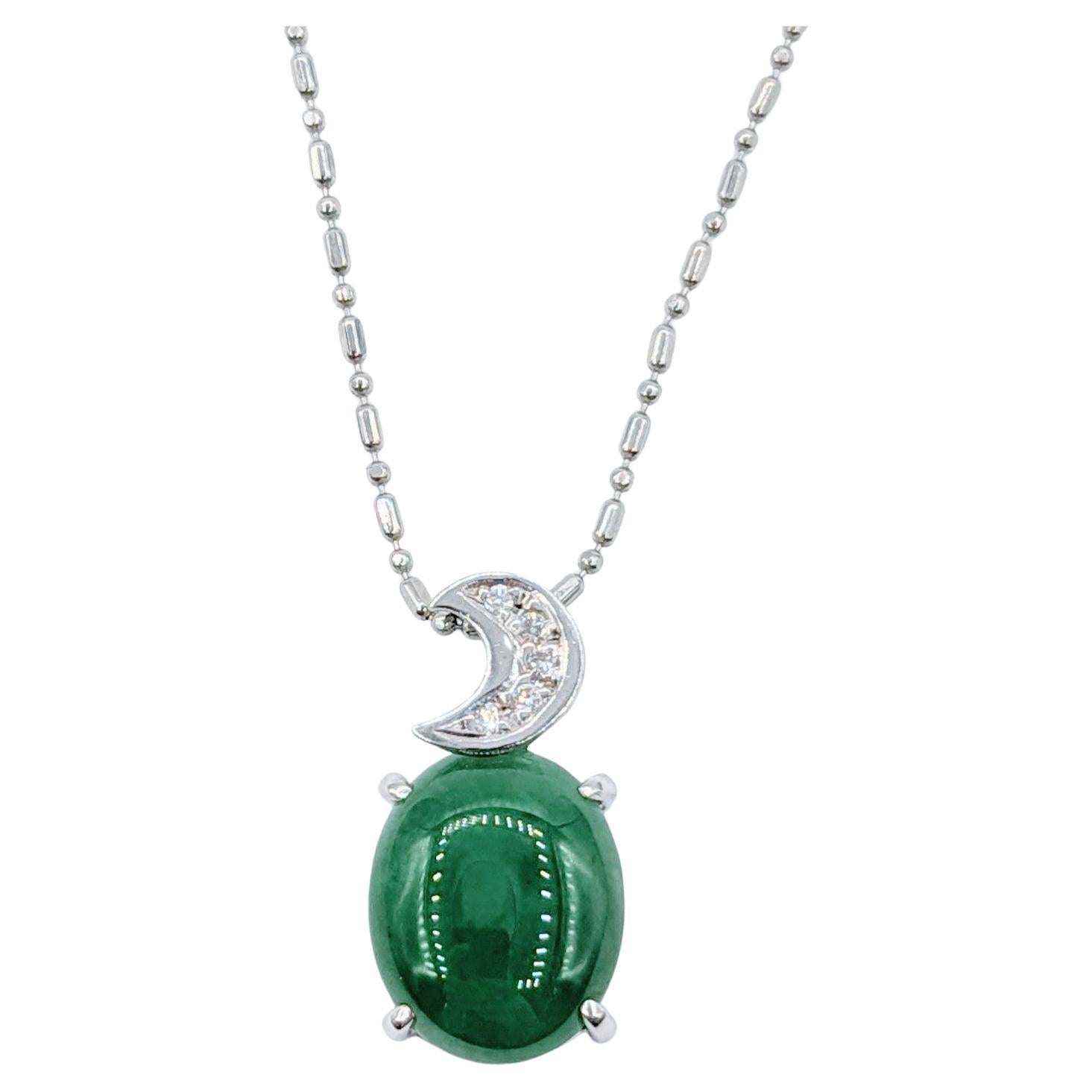 Whimsical Platinum Jade & Diamond Moon Pendant Necklace For Sale