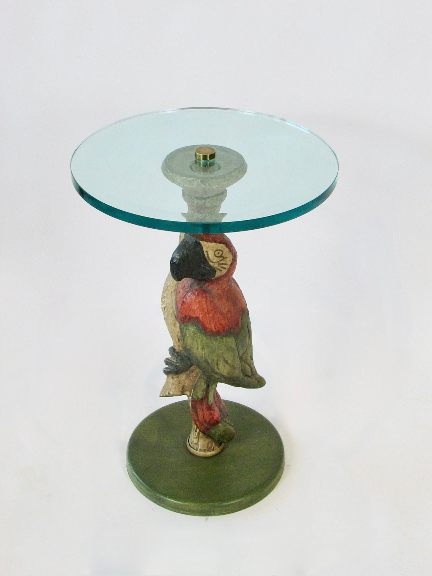 Whimsical Polly Want a Table Bevel Glass on Parrot Base Style of Maitland Smith For Sale 4