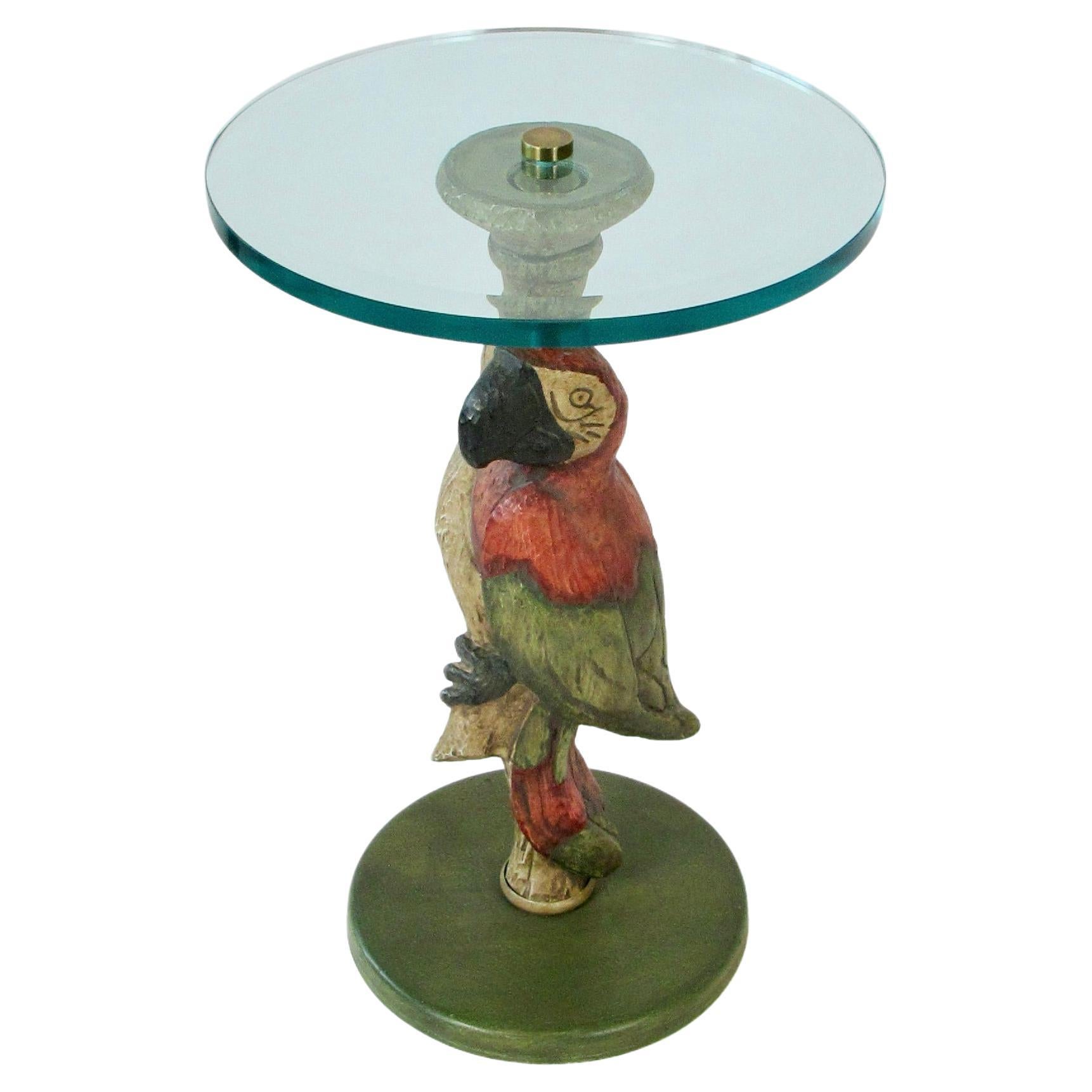 Whimsical Polly Want a Table Bevel Glass on Parrot Base Style of Maitland Smith For Sale