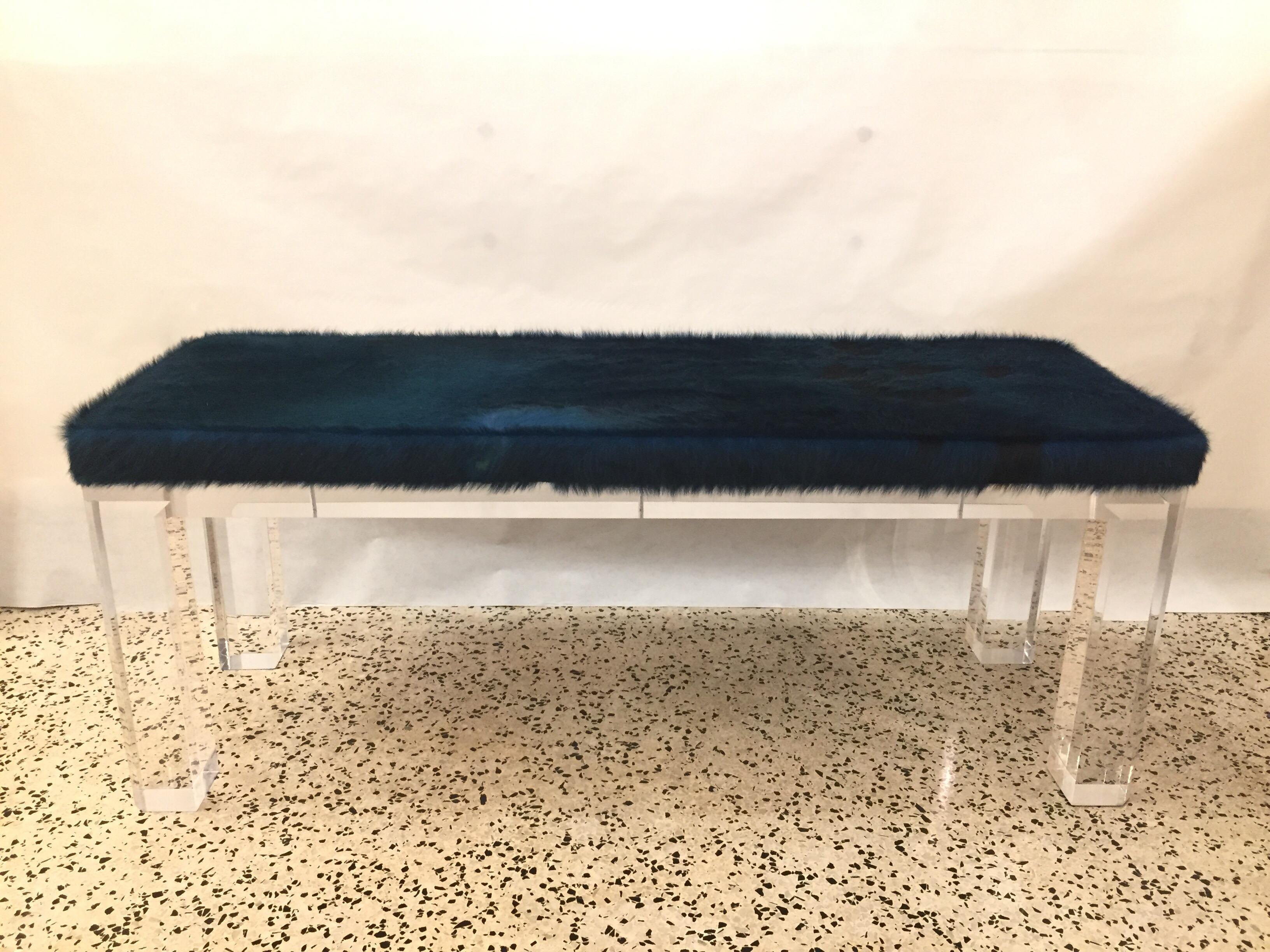 Leather  Heavy Acrylic Lucite Bench With Pony ide Top  For Sale