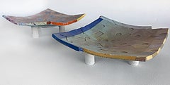 Whimsical Post-modern Glazed Footed Studio Pottery Platters, Pair